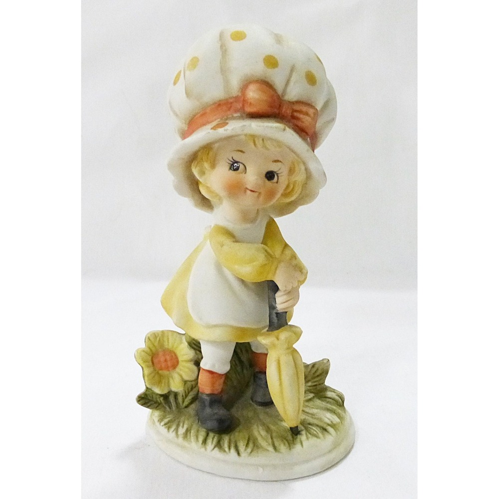 Vtg holly hobbie figurine yellow dress umbrella cottagecore whimsical cute